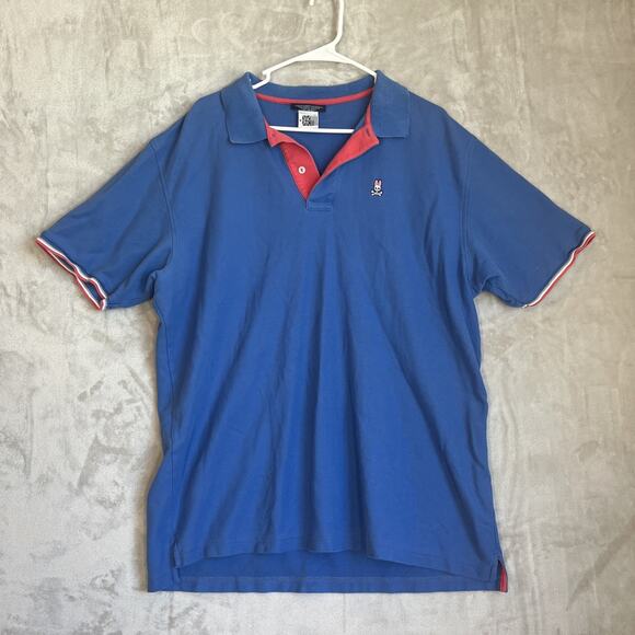 Psycho Bunny Polo Shirt Mens Sz 9 Extra Large White Red Blue Striped Pima Cotton - Picture 1 of 8